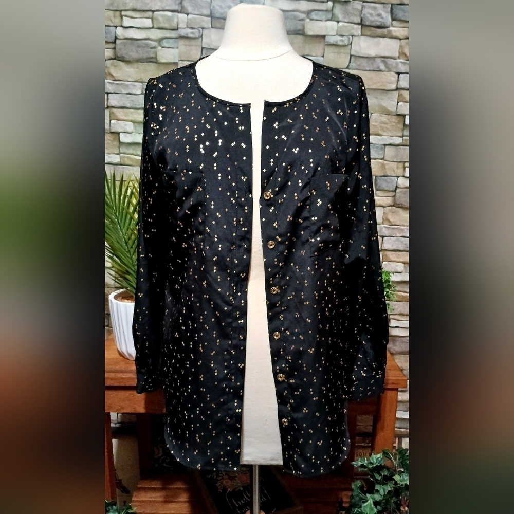 Womens Large Black Gold Button Down Shirt Blouse